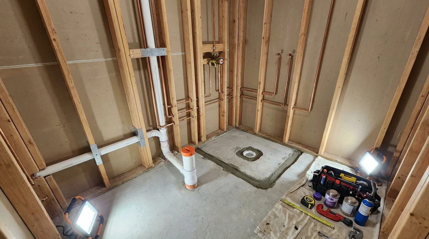 Bathroom rough-in plumbing during remodel by Johns Plumbing LLC in Central Islip