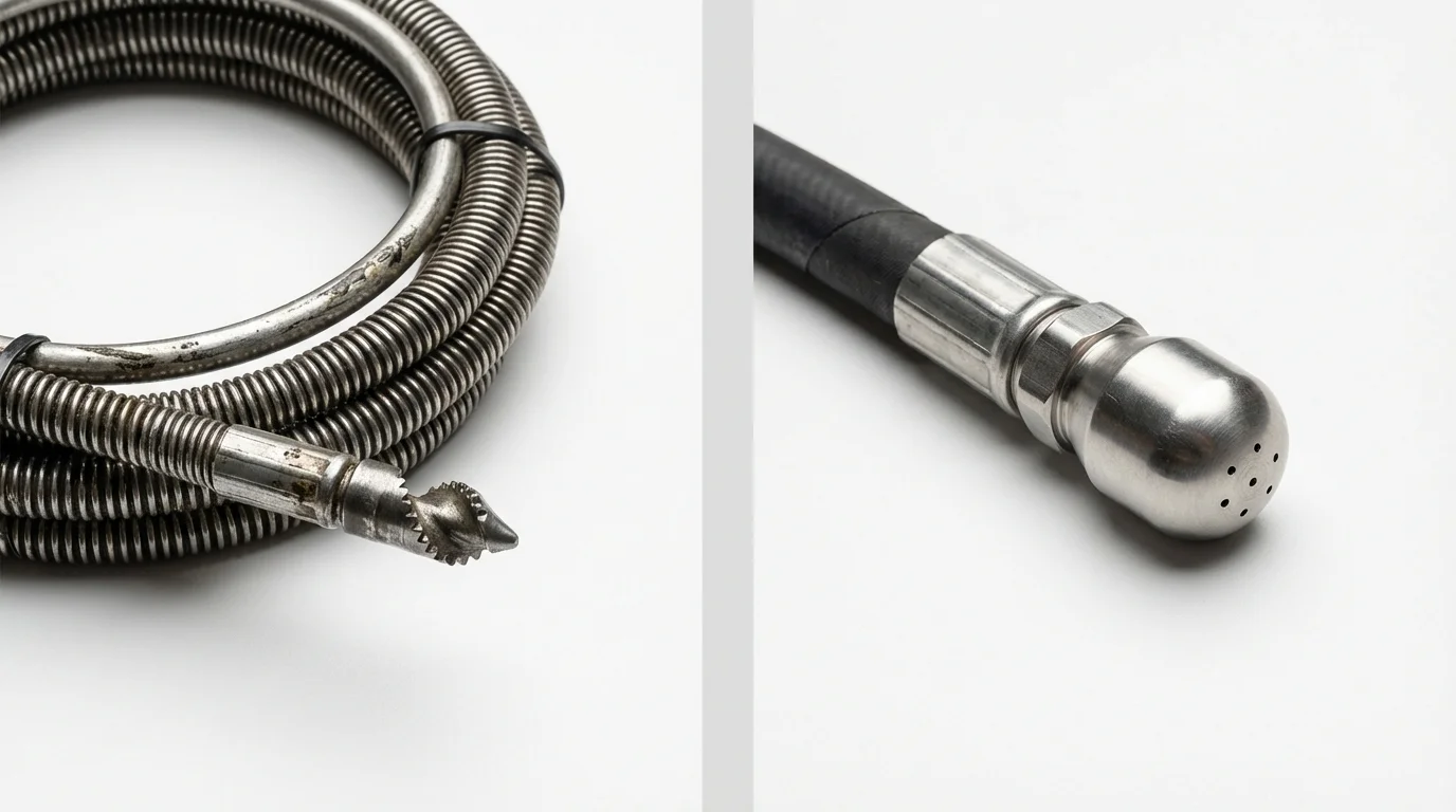 Drain snake cable and hydro jetting nozzle used for drain cleaning in Central Islip, NY