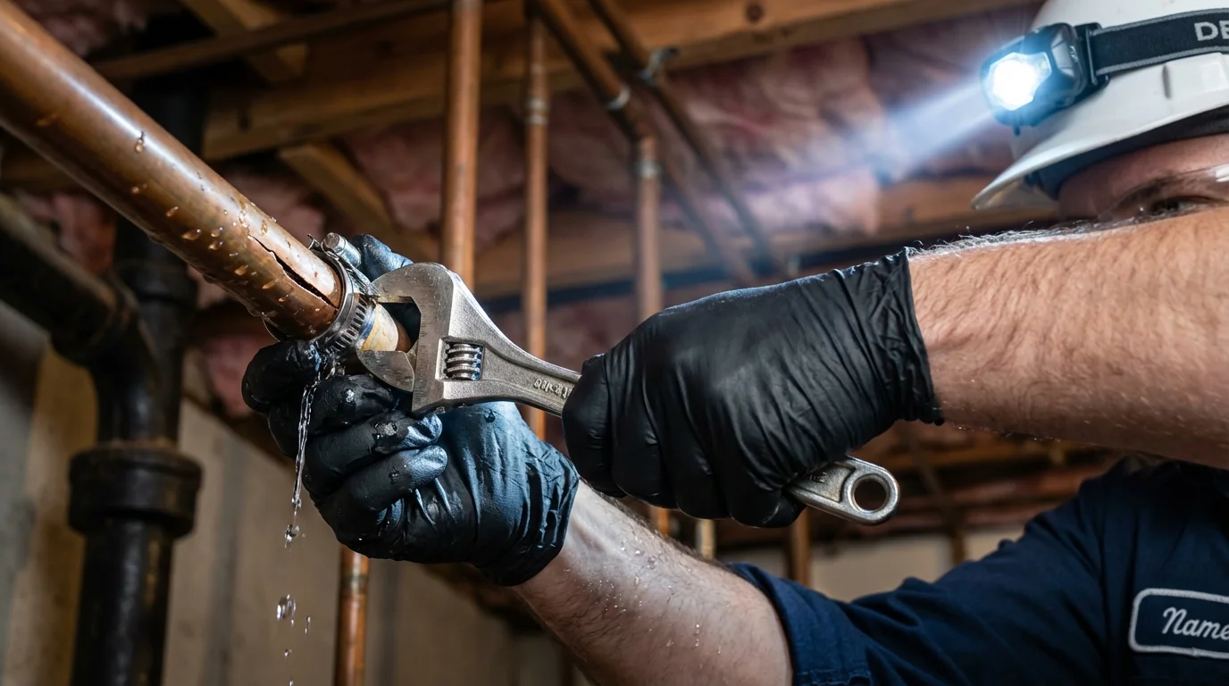 Emergency pipe clamp repair being performed by a Johns Plumbing LLC plumber in Central Islip
