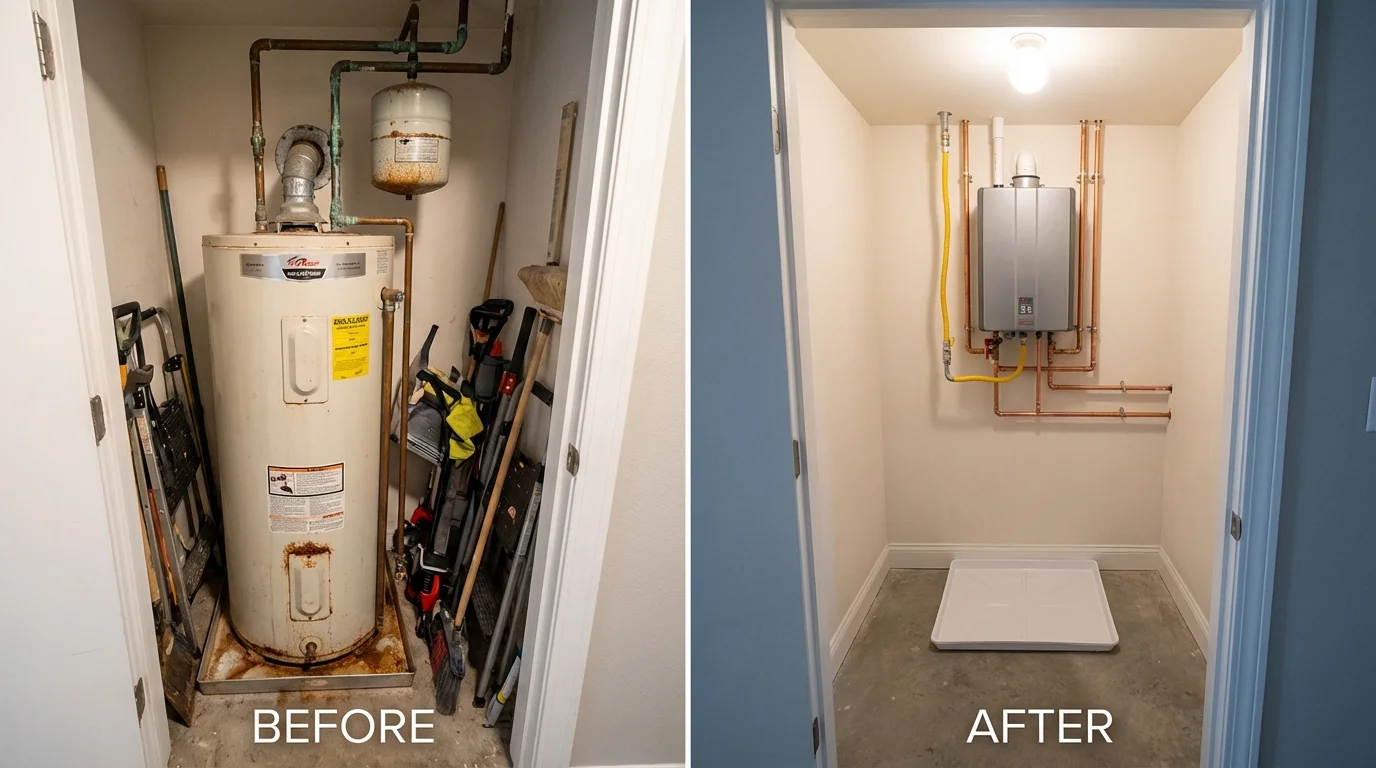 Tank water heater versus wall-mounted tankless unit comparison for Central Islip, NY homeowners