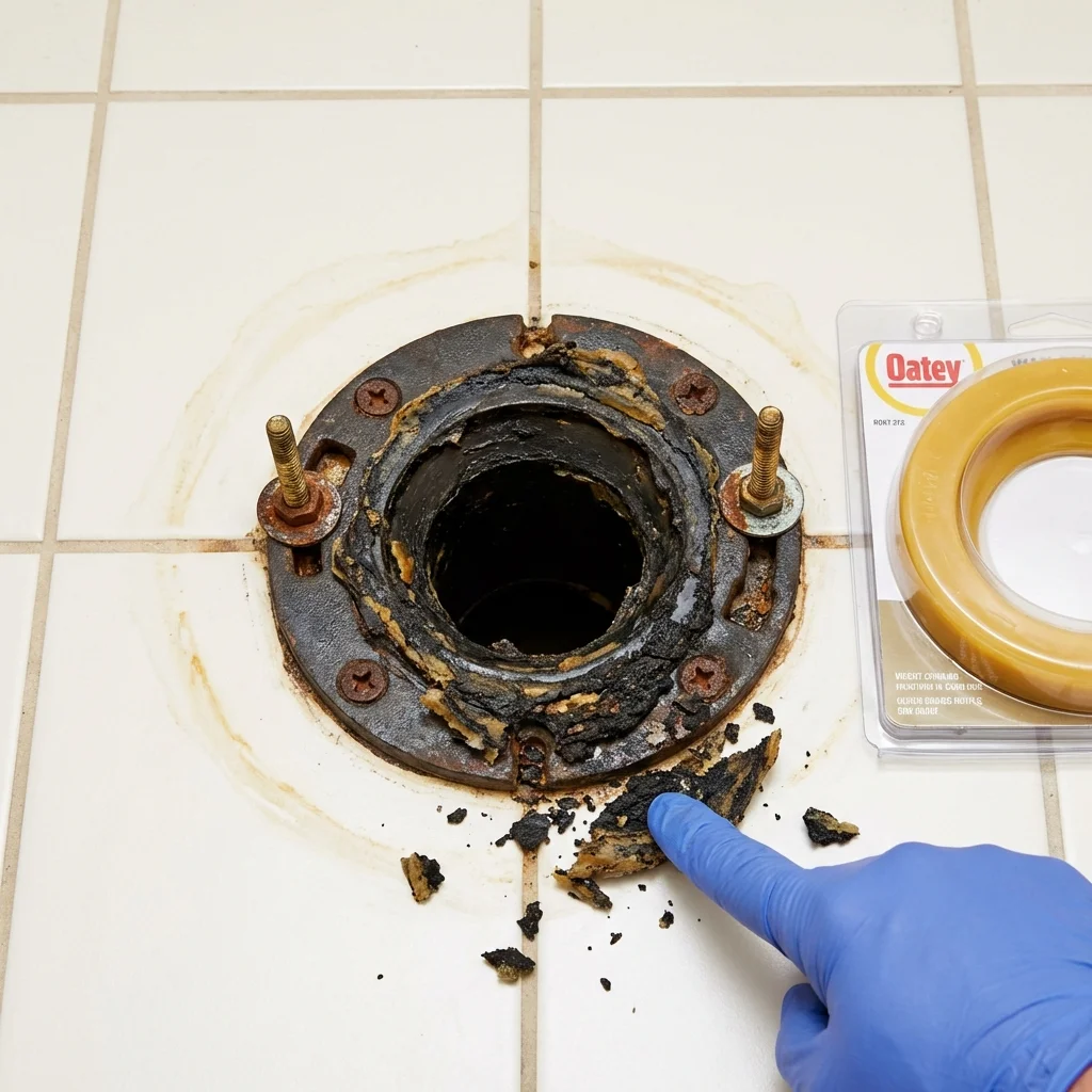 Failed wax ring showing water seepage at the base of a toilet in a Central Islip, NY home